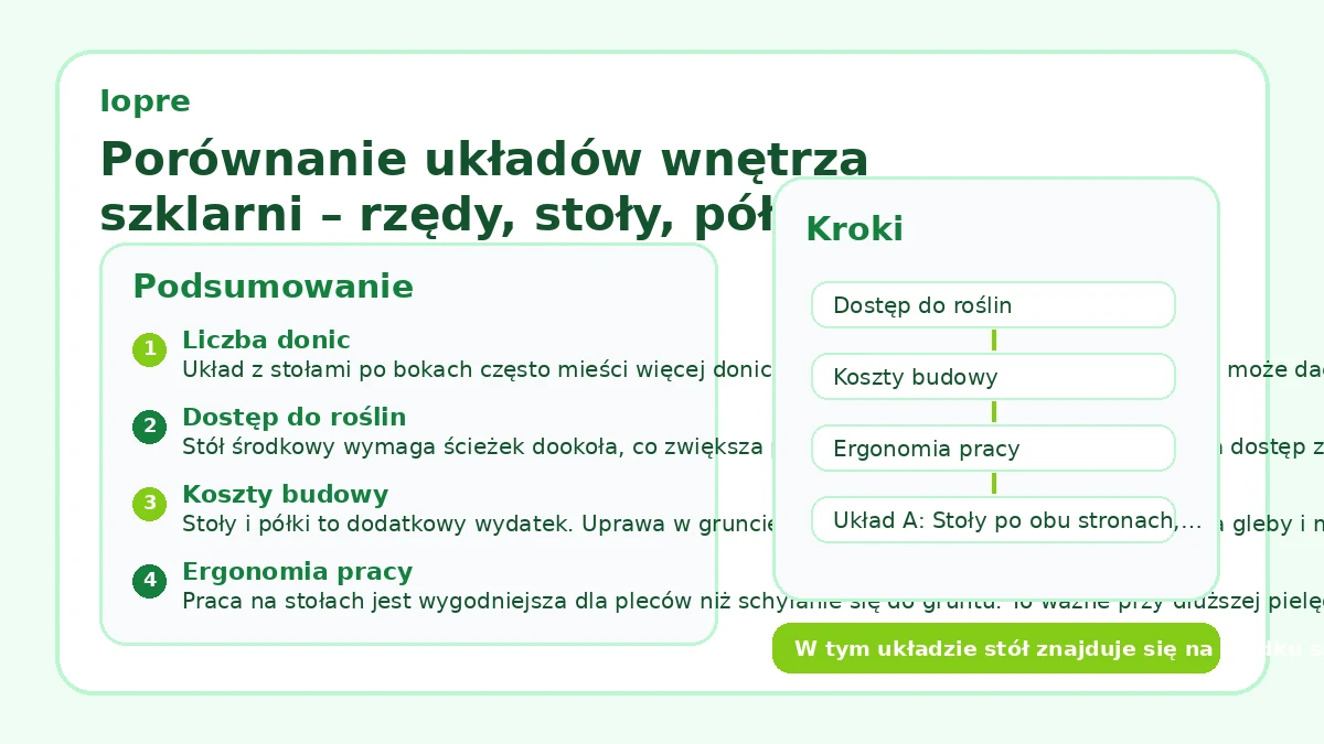 Porównanie układów wnętrza szklarni – rzędy, stoły, półki